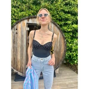 DEADSTOCK 80s Studded Black One Piece Swimsuit